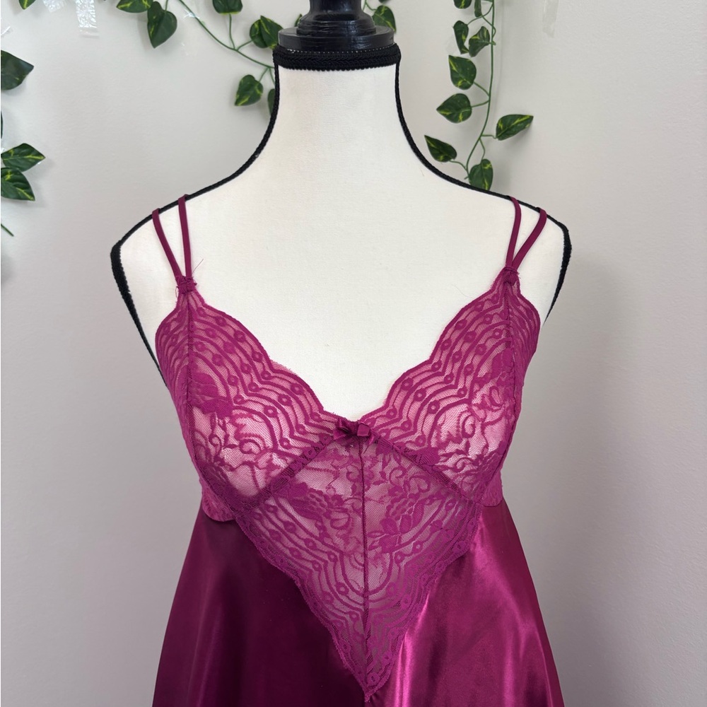 La Vie En Rose Satin Chemise Slip Dress with Lace - Deep Pink Red Size S - Picture 4 of 6